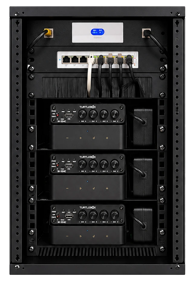 COMND multi-zone audio rack with firewalled networking, wireless connectivity, and three audio zones