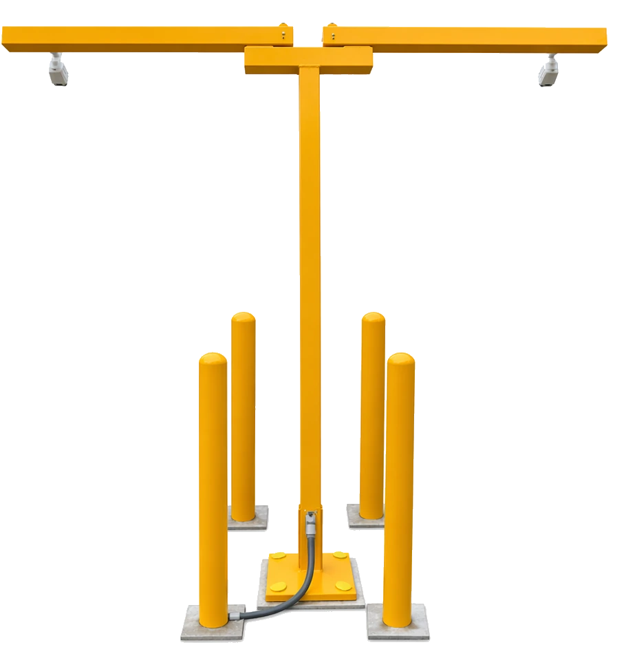 Yellow COMND T-Post with two license plate recognition cameras and protected cabling