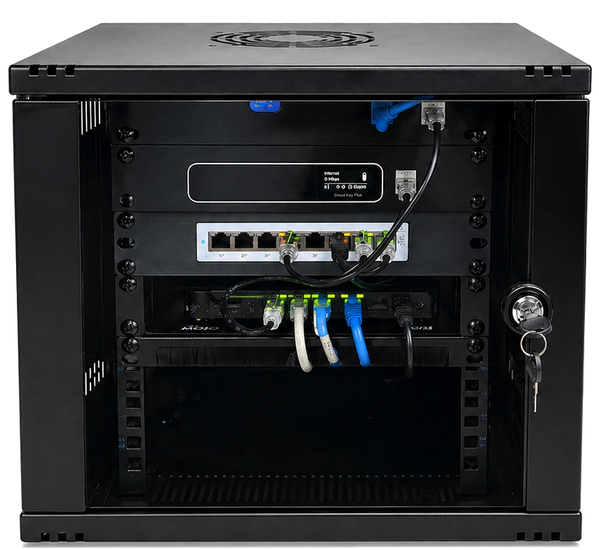 Compact COMND Mini Rack with network gateway, switching, cellular backup, and camera server