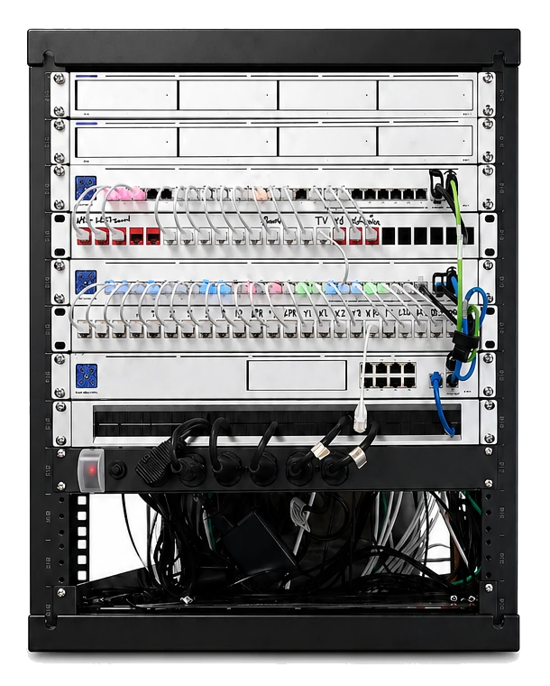 COMND full network rack with gateway, switching, patch panels, local video storage, and organized cabling