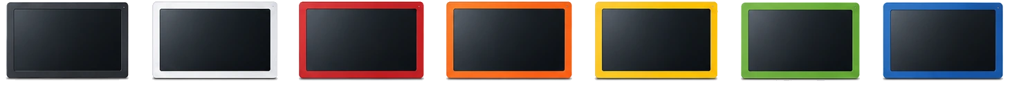 COMND rugged touchscreen bezels in black, white, red, orange, yellow, green, and blue