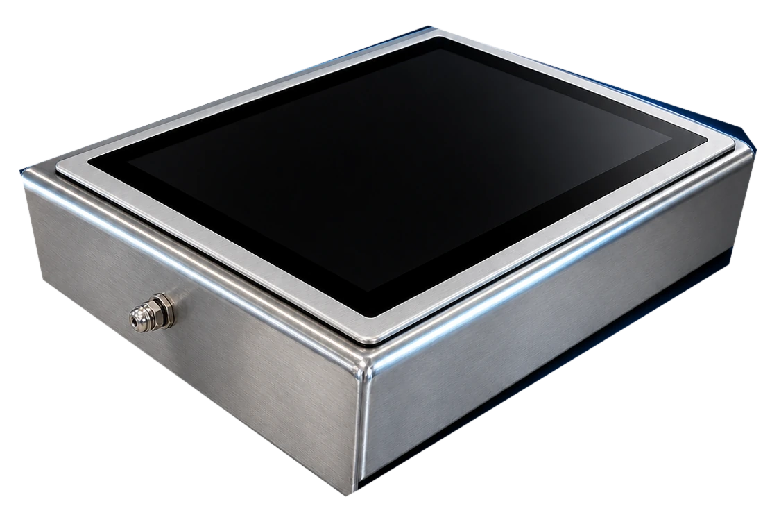 COMND stainless steel tunnel monitor with integrated touchscreen and sealed cable entry